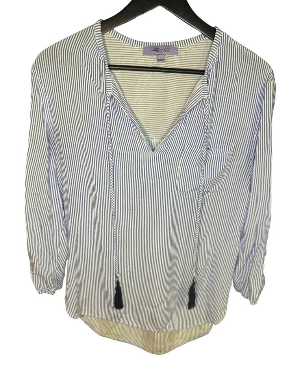 Small Blue White Striped Blouse Coastal Tassel Tie V Neck Top Nautical Summer